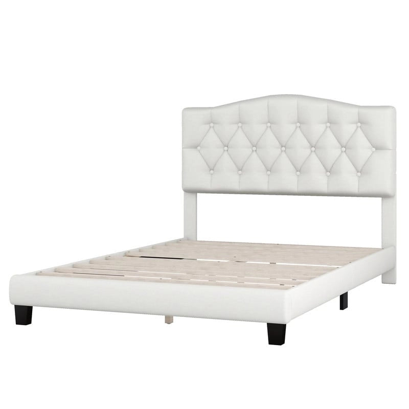 Lit plateforme capitonné en lin pleine taille avec tête de lit incurvée en forme de selle et détails touffetés en losanges, beige