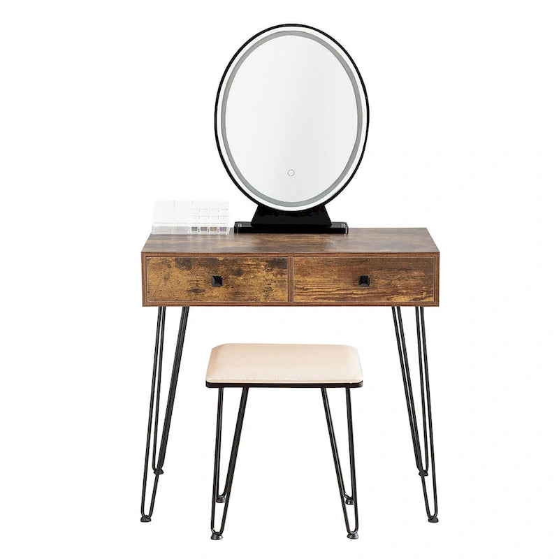 Coiffeuse de maquillage avec miroir rond éclairé