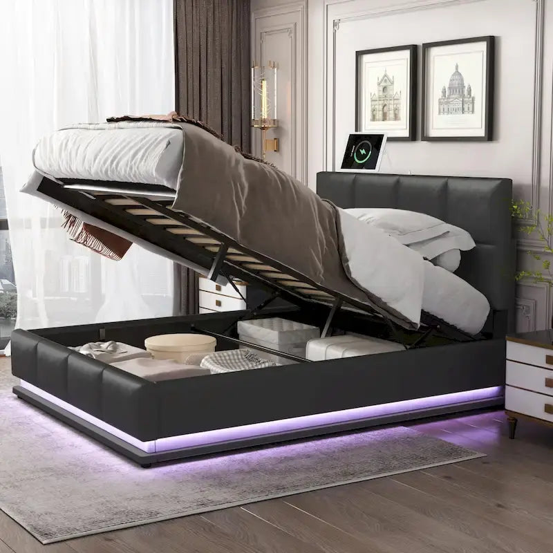 Lit plateforme capitonné avec système de rangement hydraulique, lit de rangement en PU taille Queen avec lumières LED et chargeur USB