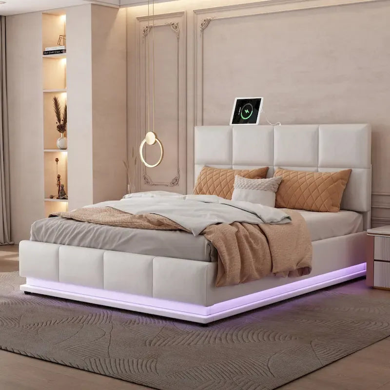 Lit plateforme capitonné avec système de rangement hydraulique, lit de rangement en PU taille Queen avec lumières LED et chargeur USB