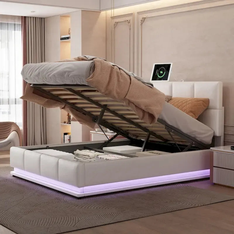 Lit plateforme capitonné avec système de rangement hydraulique, lit de rangement en PU taille Queen avec lumières LED et chargeur USB