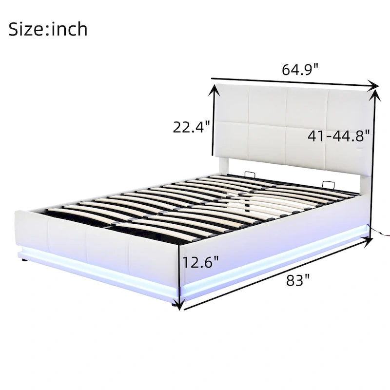 Lit plateforme capitonné avec système de rangement hydraulique, lit de rangement en PU taille Queen avec lumières LED et chargeur USB