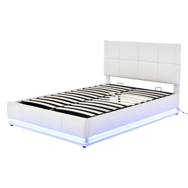 Lit plateforme capitonné avec système de rangement hydraulique, lit de rangement en PU taille Queen avec lumières LED et chargeur USB