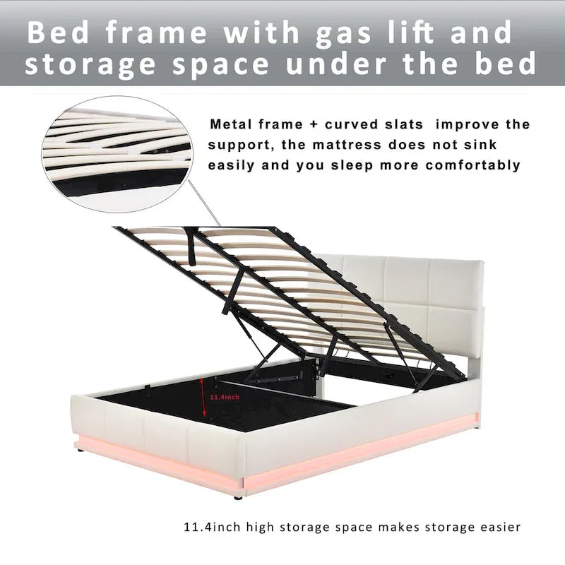 Lit plateforme capitonné avec système de rangement hydraulique, lit de rangement en PU taille Queen avec lumières LED et chargeur USB