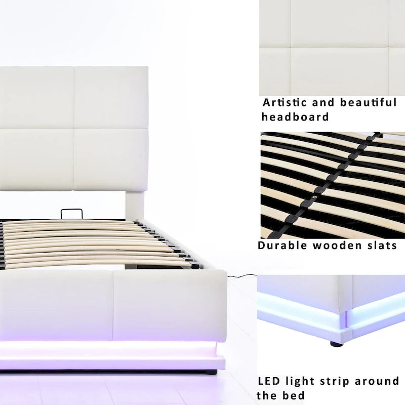 Lit plateforme capitonné avec système de rangement hydraulique, lit de rangement en PU taille Queen avec lumières LED et chargeur USB