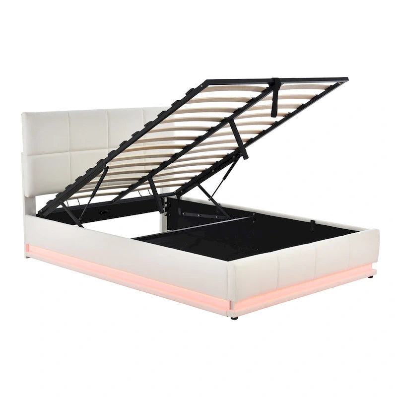 Lit plateforme capitonné avec système de rangement hydraulique, lit de rangement en PU taille Queen avec lumières LED et chargeur USB