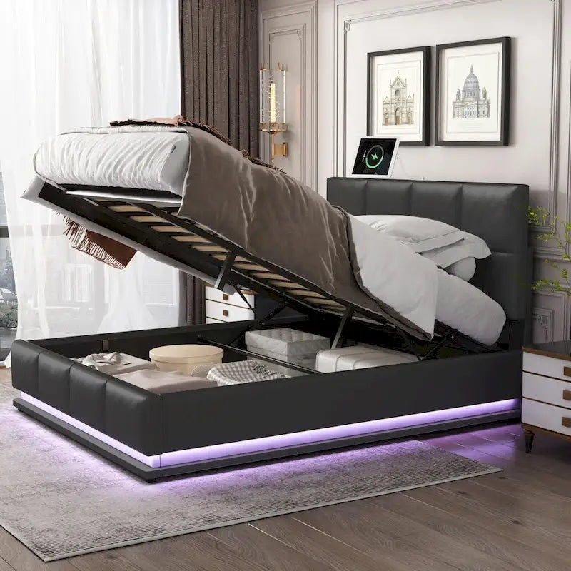 Lit plateforme capitonné avec système de rangement hydraulique, lit de rangement en PU taille Queen avec lumières LED et chargeur USB