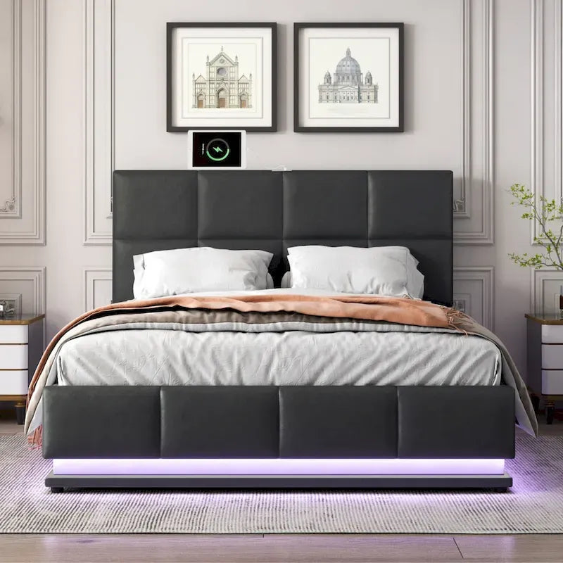Lit plateforme capitonné avec système de rangement hydraulique, lit de rangement en PU taille Queen avec lumières LED et chargeur USB