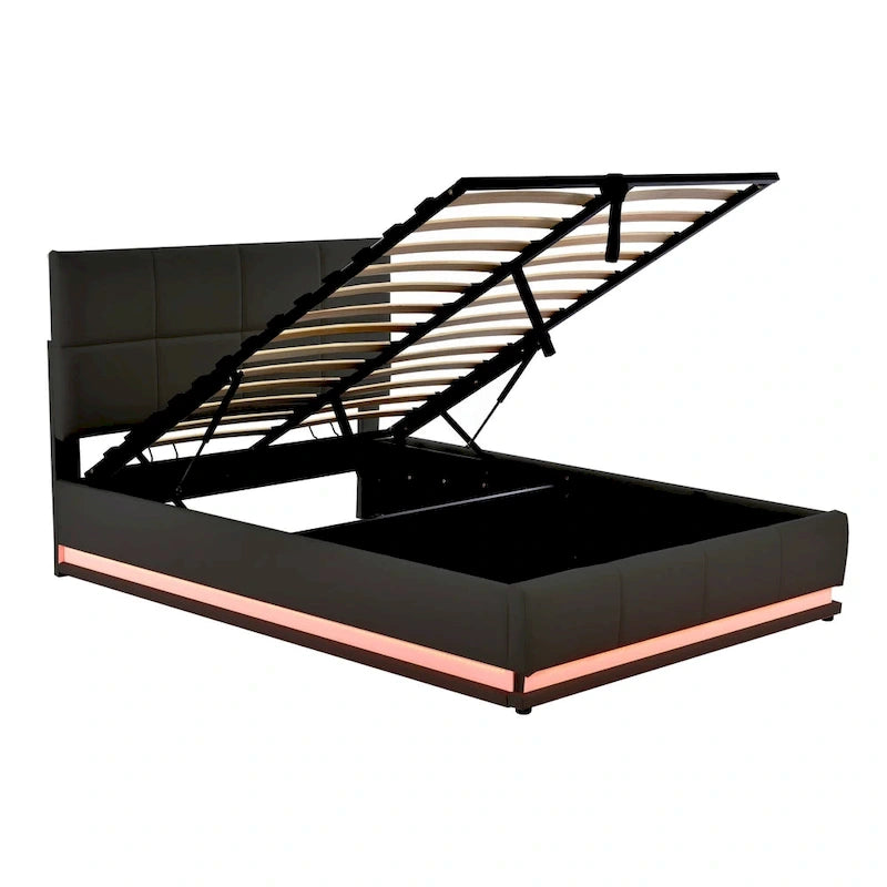 Lit plateforme capitonné avec système de rangement hydraulique, lit de rangement en PU taille Queen avec lumières LED et chargeur USB