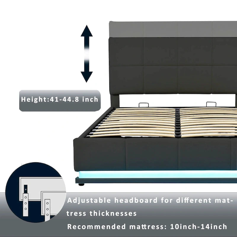 Lit plateforme capitonné avec système de rangement hydraulique, lit de rangement en PU taille Queen avec lumières LED et chargeur USB