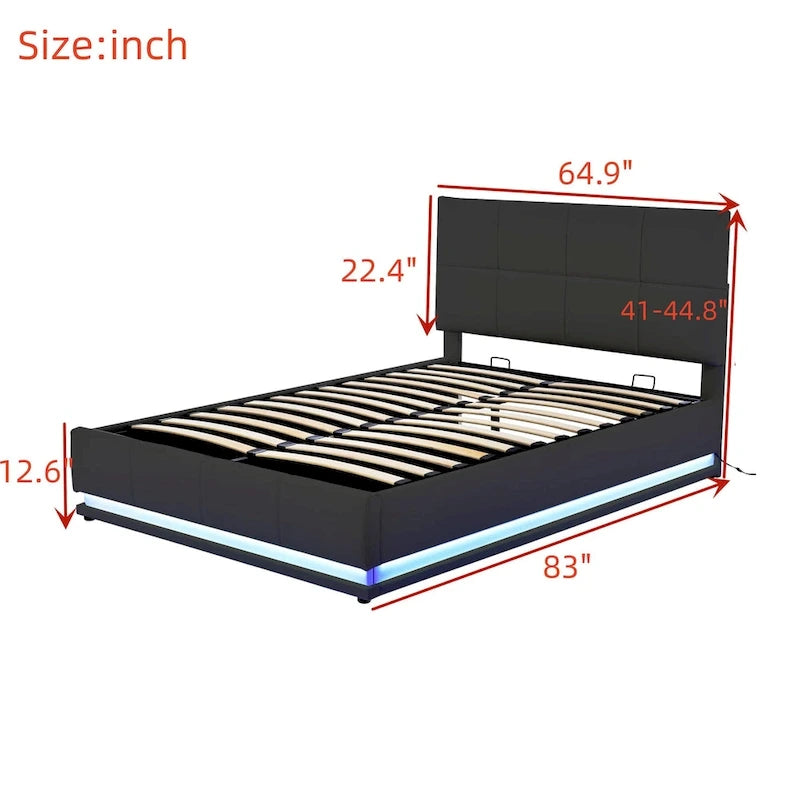 Lit plateforme capitonné avec système de rangement hydraulique, lit de rangement en PU taille Queen avec lumières LED et chargeur USB