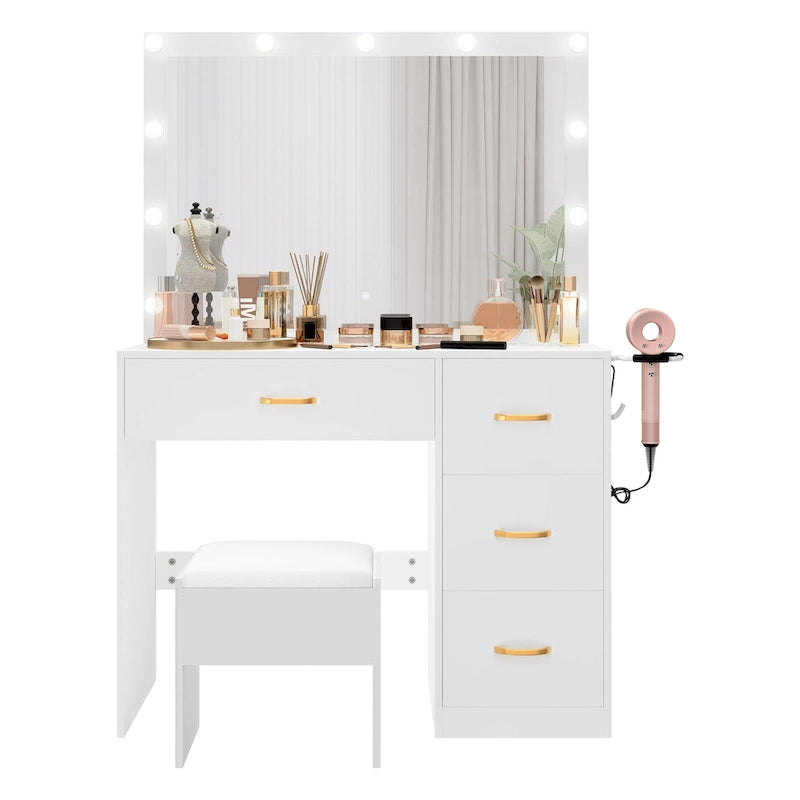 Table de maquillage miroir 35.4 avec tabouret et ampoules - 35,4L x 15,7W x 53,5H