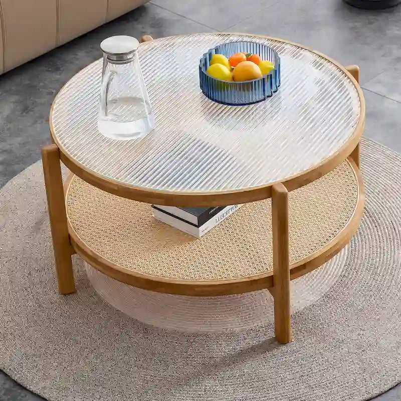 Table basse ronde en bois massif à double plateau