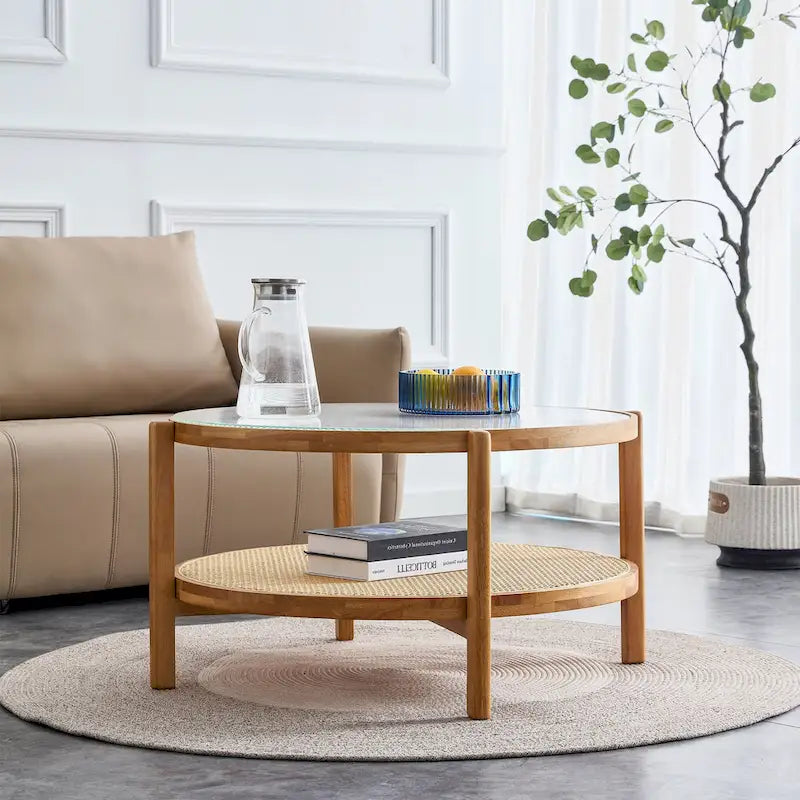 Table basse ronde en bois massif à double plateau