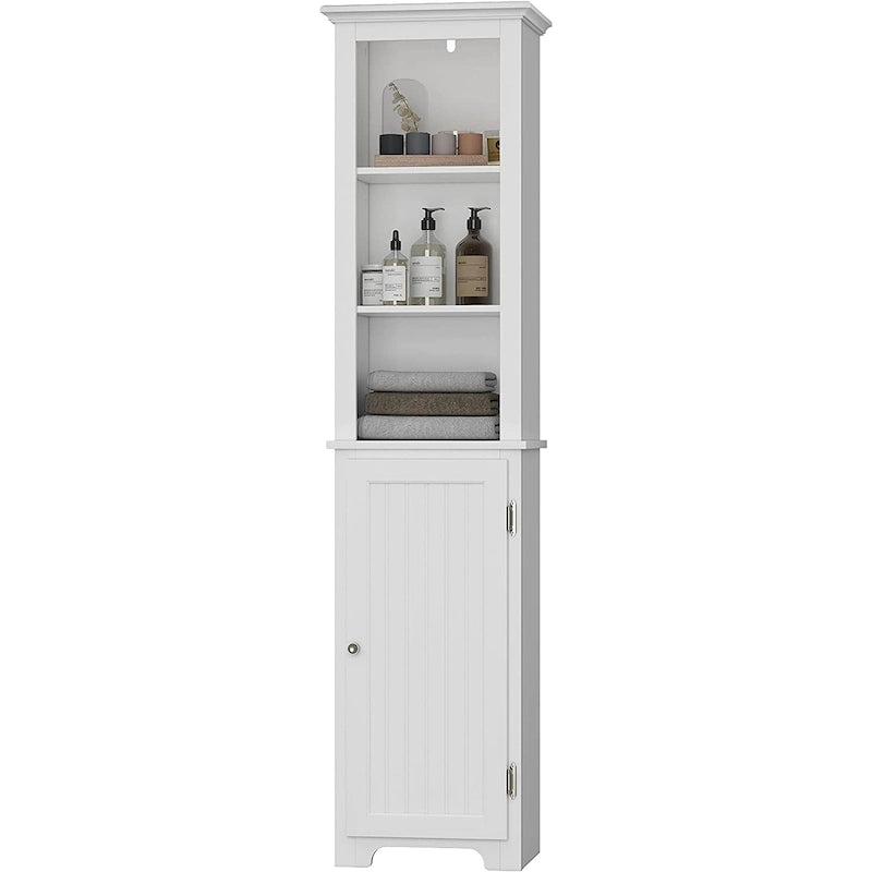 Meuble de rangement autoportant UTEX 64, armoire haute de salle de bain avec portes et étagères, tour de rangement autoportante pour le linge