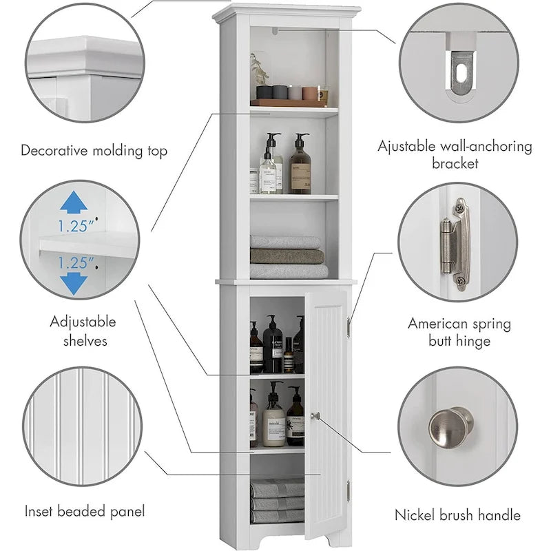 Meuble de rangement autoportant UTEX 64, armoire haute de salle de bain avec portes et étagères, tour de rangement autoportante pour le linge