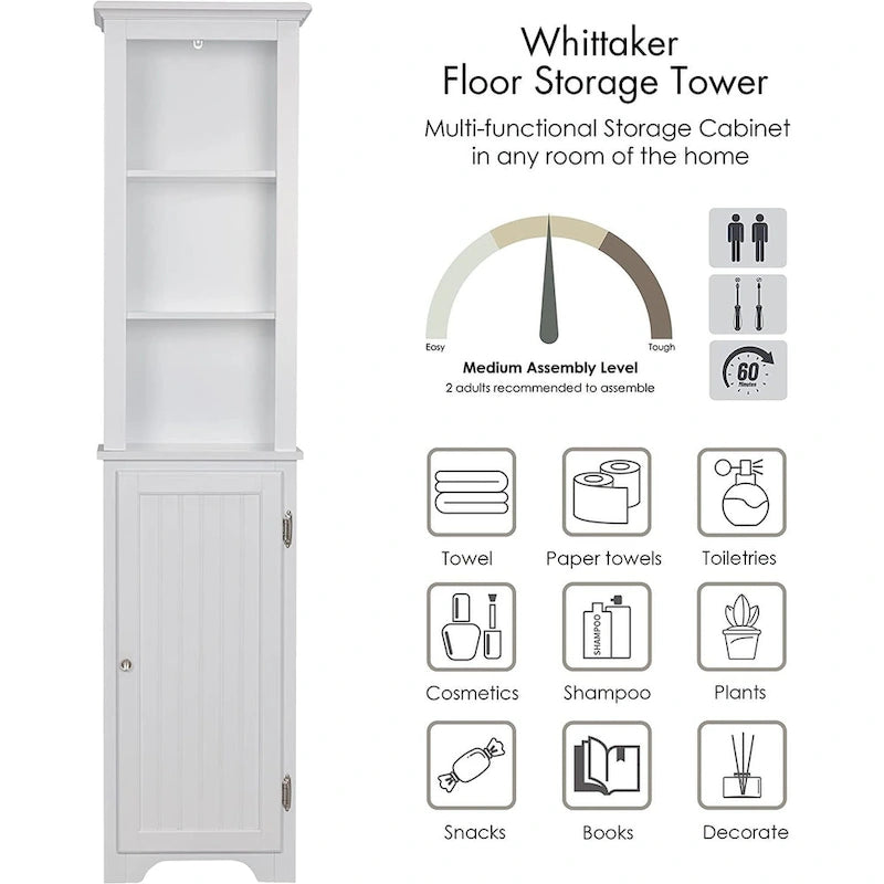 Meuble de rangement autoportant UTEX 64, armoire haute de salle de bain avec portes et étagères, tour de rangement autoportante pour le linge