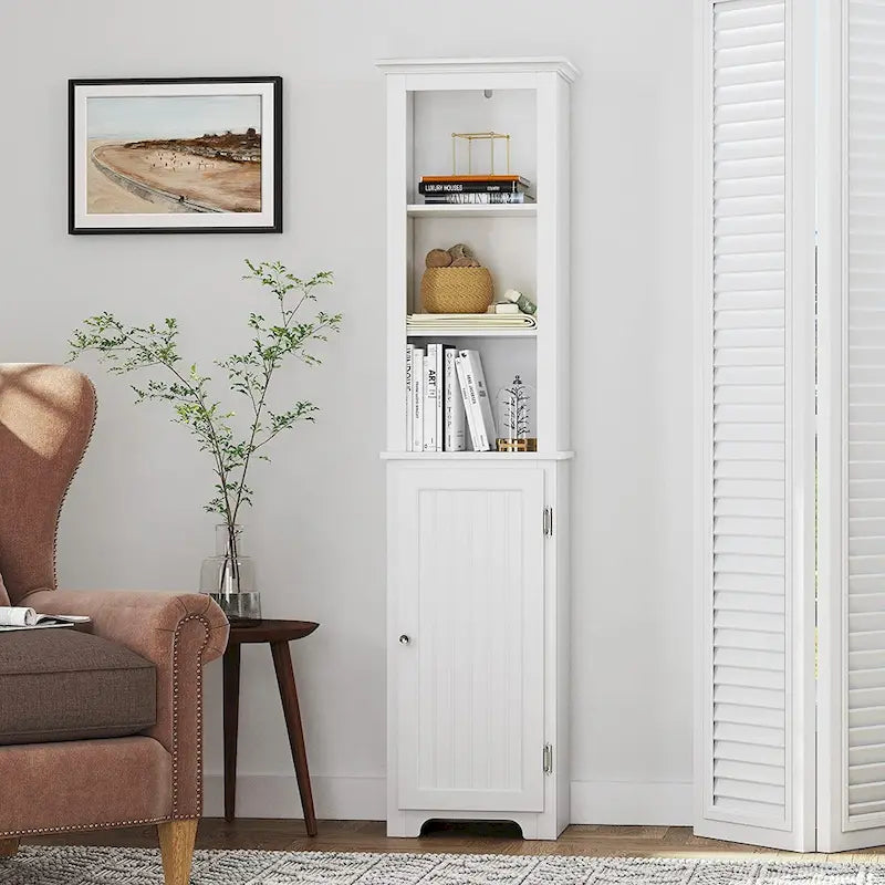 Meuble de rangement autoportant UTEX 64, armoire haute de salle de bain avec portes et étagères, tour de rangement autoportante pour le linge