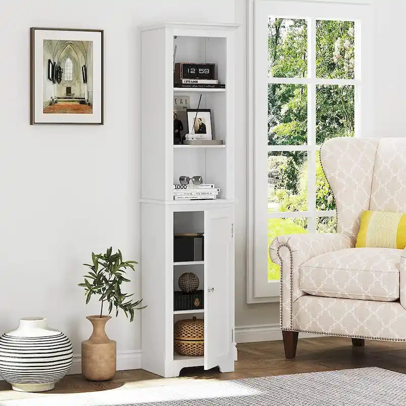 Meuble de rangement autoportant UTEX 64, armoire haute de salle de bain avec portes et étagères, tour de rangement autoportante pour le linge