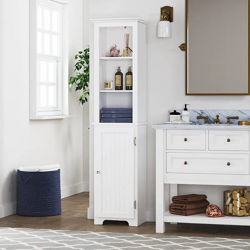 Meuble de rangement autoportant UTEX 64, armoire haute de salle de bain avec portes et étagères, tour de rangement autoportante pour le linge