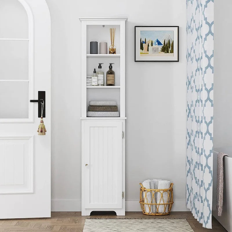 Meuble de rangement autoportant UTEX 64, armoire haute de salle de bain avec portes et étagères, tour de rangement autoportante pour le linge