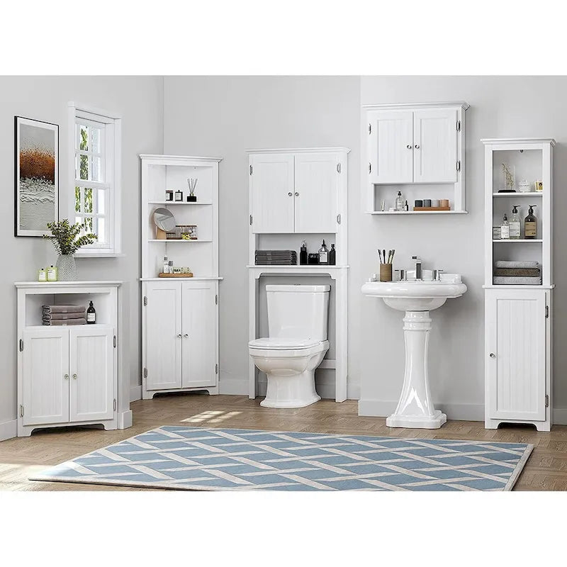 Meuble de rangement autoportant UTEX 64, armoire haute de salle de bain avec portes et étagères, tour de rangement autoportante pour le linge