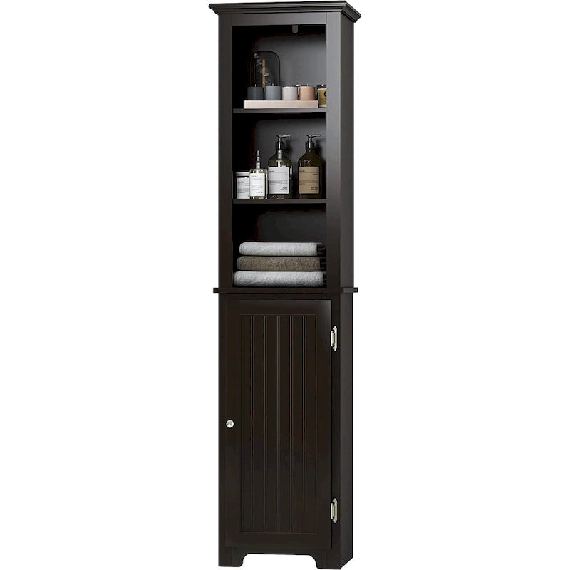 Meuble de rangement autoportant UTEX 64, armoire haute de salle de bain avec portes et étagères, tour de rangement autoportante pour le linge