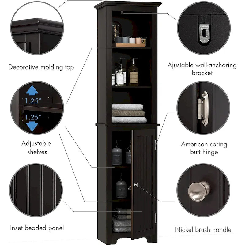 Meuble de rangement autoportant UTEX 64, armoire haute de salle de bain avec portes et étagères, tour de rangement autoportante pour le linge