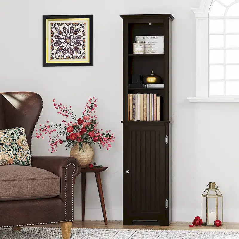 Meuble de rangement autoportant UTEX 64, armoire haute de salle de bain avec portes et étagères, tour de rangement autoportante pour le linge