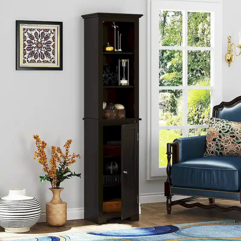 Meuble de rangement autoportant UTEX 64, armoire haute de salle de bain avec portes et étagères, tour de rangement autoportante pour le linge