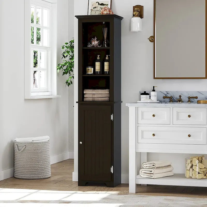 Meuble de rangement autoportant UTEX 64, armoire haute de salle de bain avec portes et étagères, tour de rangement autoportante pour le linge