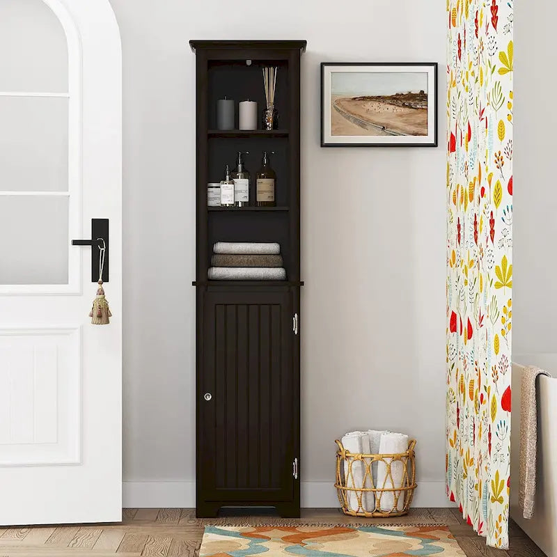 Meuble de rangement autoportant UTEX 64, armoire haute de salle de bain avec portes et étagères, tour de rangement autoportante pour le linge
