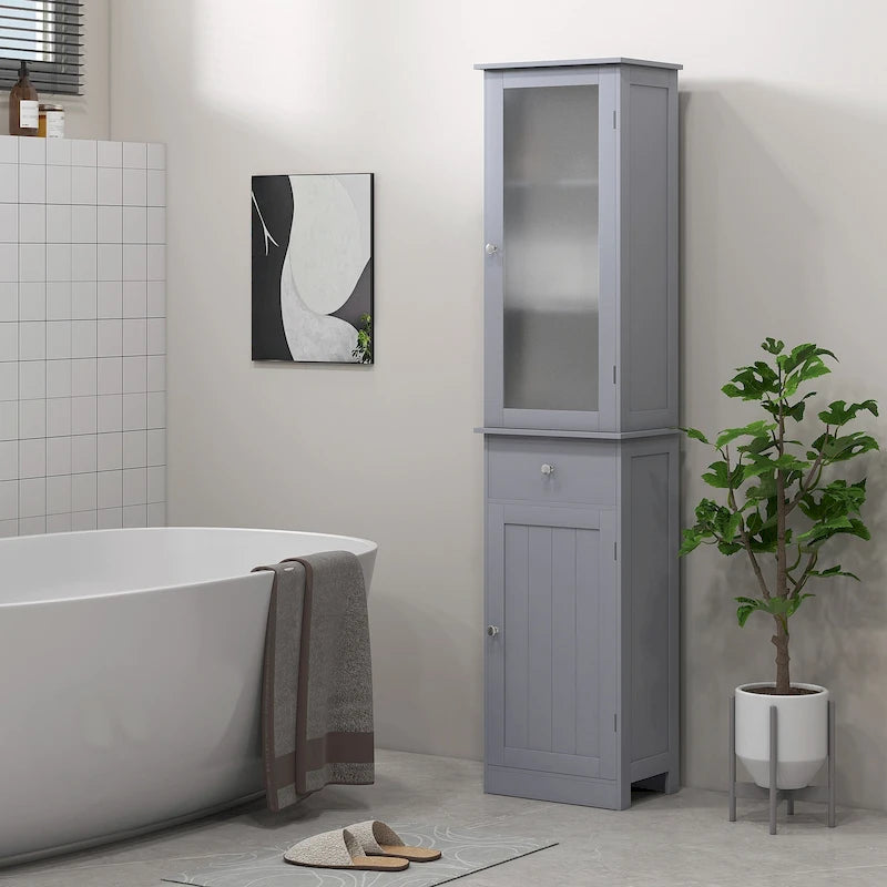 kleankin Meuble de rangement de salle de bain fin, Armoire de salle de bain haute, Colonne de salle de bain étroite avec porte en acrylique, tiroir et étagères, Gris