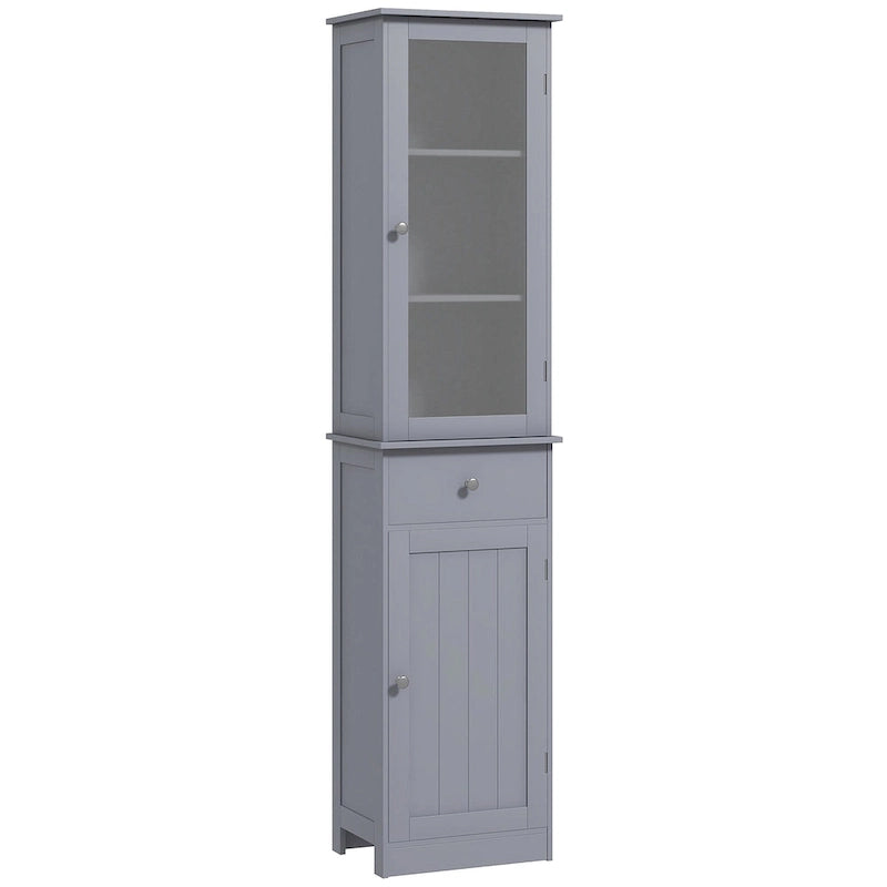 kleankin Meuble de rangement de salle de bain fin, Armoire de salle de bain haute, Colonne de salle de bain étroite avec porte en acrylique, tiroir et étagères, Gris