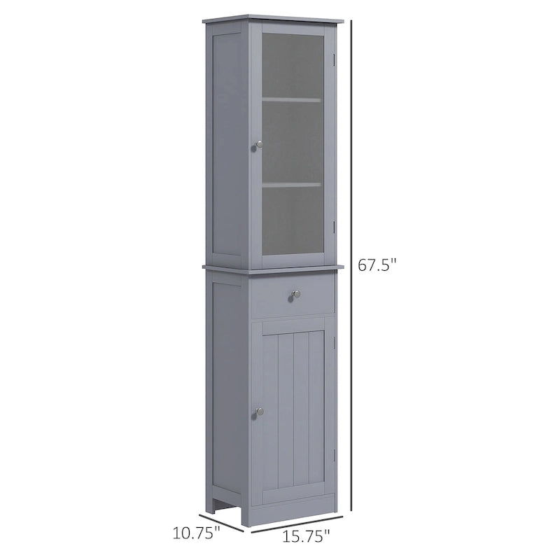 kleankin Meuble de rangement de salle de bain fin, Armoire de salle de bain haute, Colonne de salle de bain étroite avec porte en acrylique, tiroir et étagères, Gris