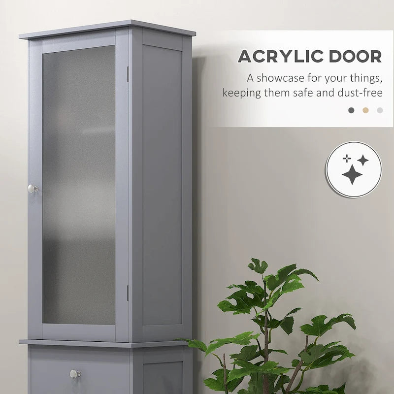 kleankin Meuble de rangement de salle de bain fin, Armoire de salle de bain haute, Colonne de salle de bain étroite avec porte en acrylique, tiroir et étagères, Gris
