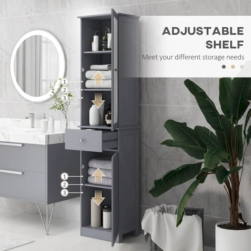 kleankin Meuble de rangement de salle de bain fin, Armoire de salle de bain haute, Colonne de salle de bain étroite avec porte en acrylique, tiroir et étagères, Gris