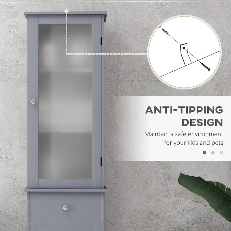 kleankin Meuble de rangement de salle de bain fin, Armoire de salle de bain haute, Colonne de salle de bain étroite avec porte en acrylique, tiroir et étagères, Gris