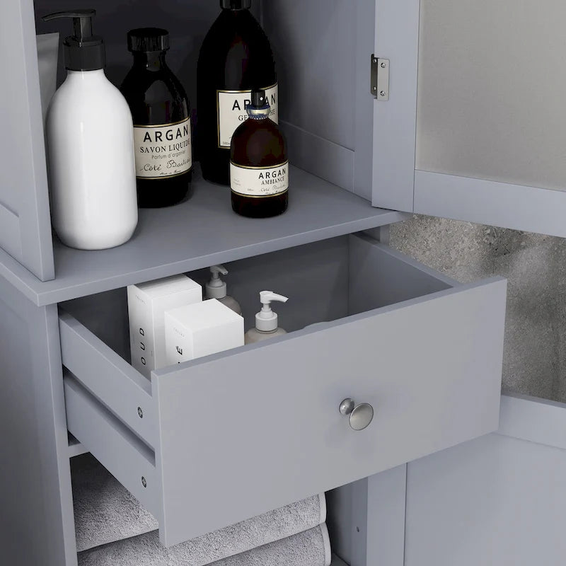 kleankin Meuble de rangement de salle de bain fin, Armoire de salle de bain haute, Colonne de salle de bain étroite avec porte en acrylique, tiroir et étagères, Gris