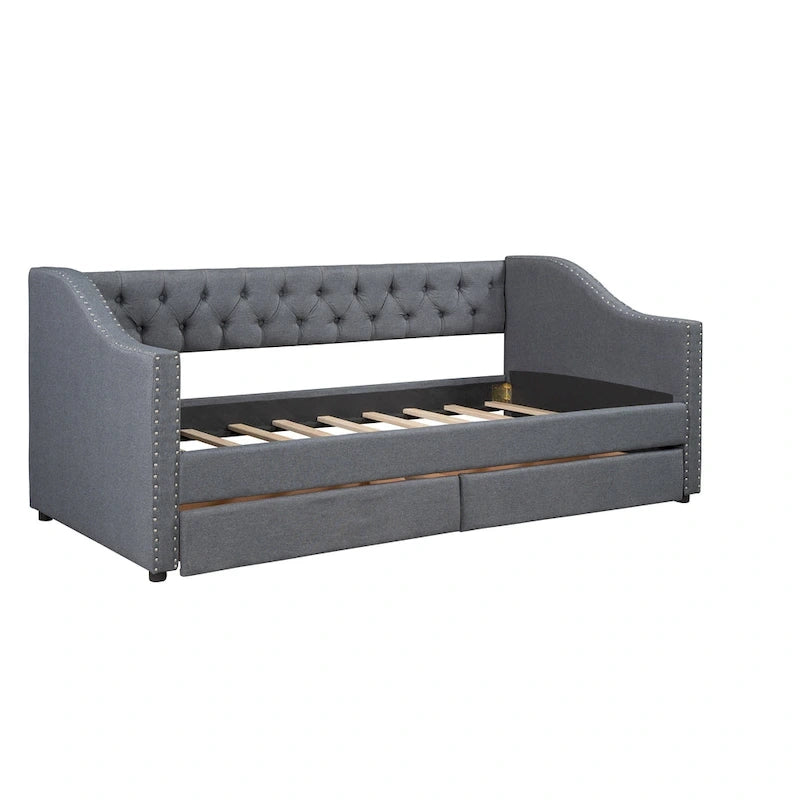 Lit de repos double rembourré avec deux tiroirs, support à lattes en bois, gris