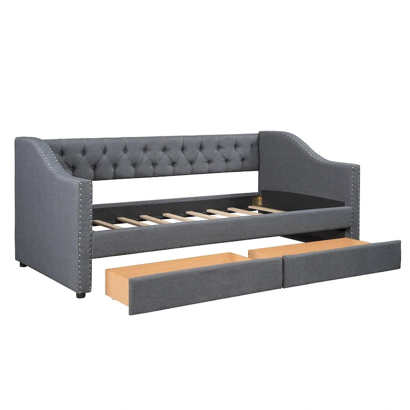 Lit de repos double rembourré avec deux tiroirs, support à lattes en bois, gris