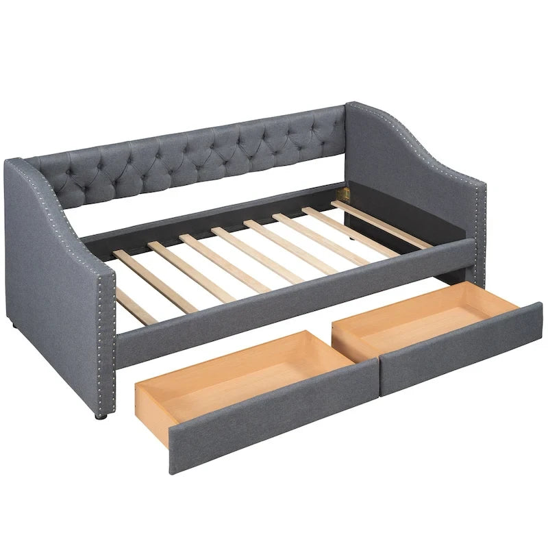 Lit de repos double rembourré avec deux tiroirs, support à lattes en bois, gris