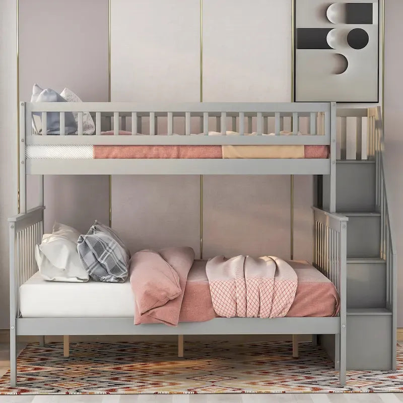 Lit superposé avec escalier de rangement, deux places en haut et grand lit en bas, gris