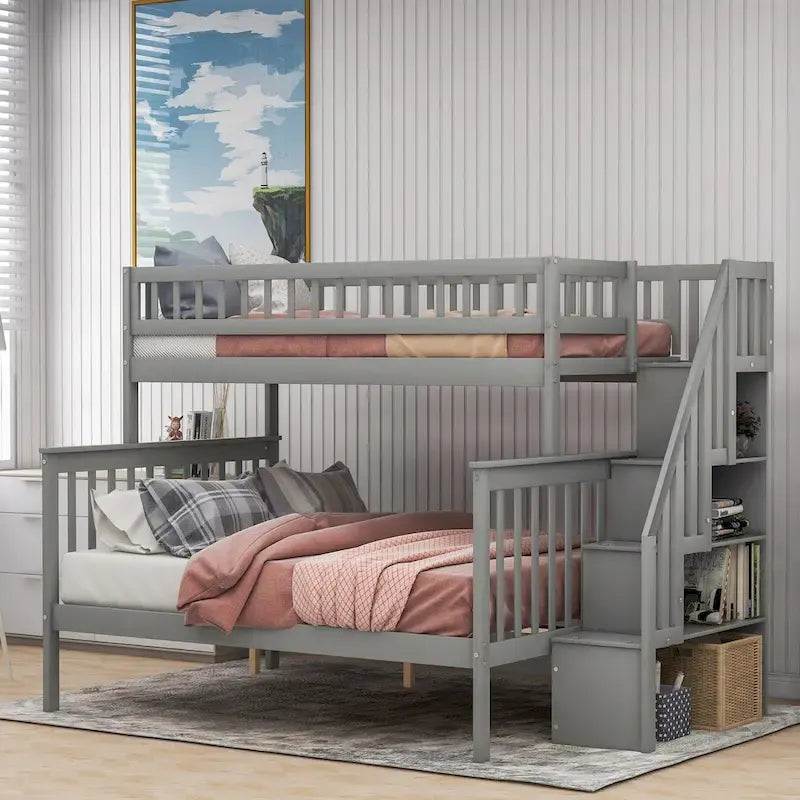 Lit superposé avec escalier de rangement, deux places en haut et grand lit en bas, gris