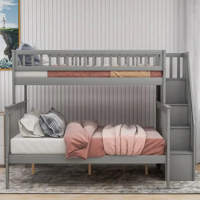 Lit superposé avec escalier de rangement, deux places en haut et grand lit en bas, gris
