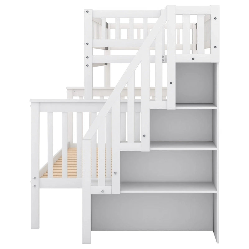 Lit superposé avec escalier de rangement, deux places en haut et grand lit en bas, gris