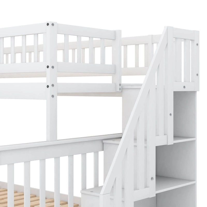 Lit superposé avec escalier de rangement, deux places en haut et grand lit en bas, gris