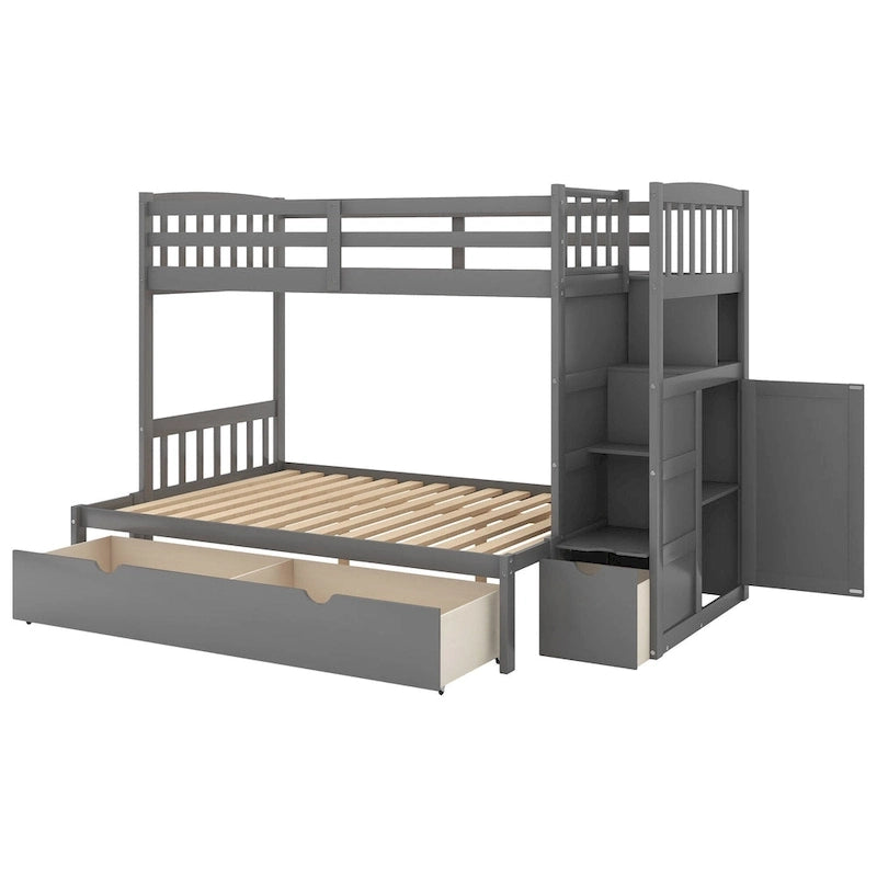 Lit superposé avec escalier de rangement, deux places en haut et grand lit en bas, gris
