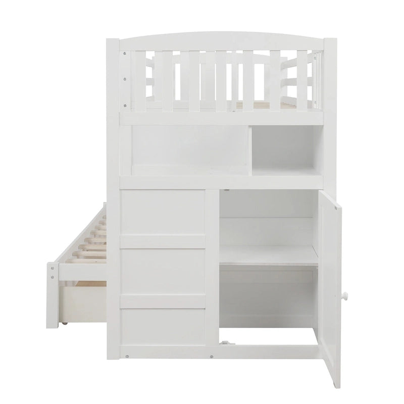 Lit superposé avec escalier de rangement, deux places en haut et grand lit en bas, gris