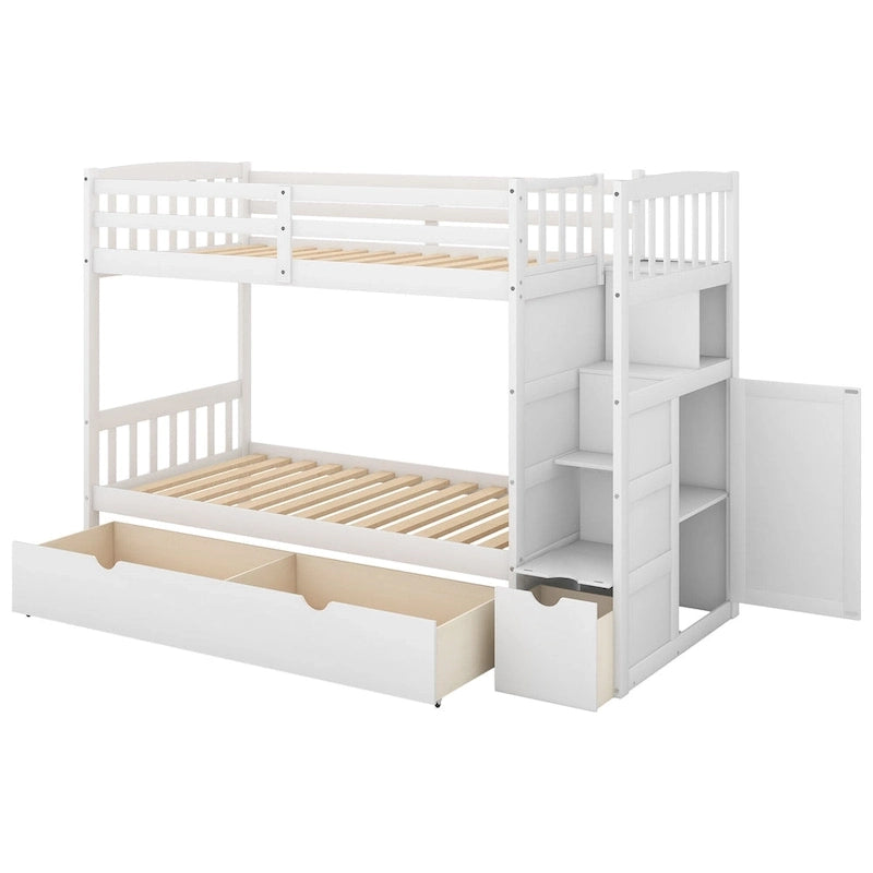 Lit superposé avec escalier de rangement, deux places en haut et grand lit en bas, gris